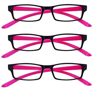 The Reading Glasses Company zwarte hals specs lezer waarde 3-pack heren dames lente scharnier RRR20-1 +1.00 +2.50 Optical Power Black Front met Neon Roze Zijden