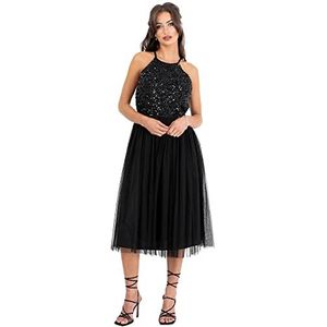 Maya Deluxe Dames midi-jurk met halter hals tule voor avondafstuderen prom bruiloft bruidsmeisjes baljurk, Zwart, 32