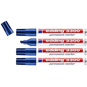 edding 3300 permanent marker - blauw- 4 stiften - beitelpunt 1-5 mm - sneldrogende permanent marker - water- en wrijfvast - voor karton, kunststof, hout, metaal - universele marker