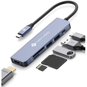NOVOO USB C Hub 6 in 1 Aluminium Multiport Adapter met 4K HDMI, Type C PD 100W, SD & Micro SD Kaartlezer en 2 USB 3.0 Poorten voor MacBook Pro en USB-C Apparaten