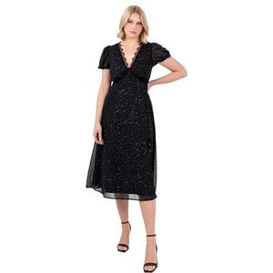 Lovedrobe Dames Midi Jurk Dames V-hals Korte Pofmouwen Glitter Chiffon Lace Trim Side Split Shirred Back Party Evening, Zwart 42, zwart, 42