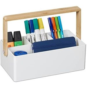 Relaxdays bureau organizer, bamboe handvat, 4 vakjes, draagbaar, pennenbak, opbergbakje, HBD 8,5 x 26 x 16 cm, wit