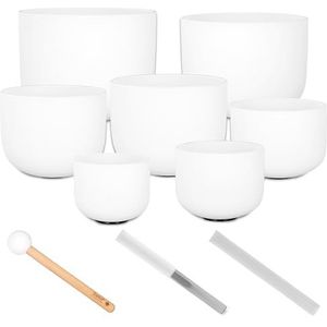 Crystal Singing Bowl Set Frosted 440Hz (7 Crystal Singing Bowls, 8-14"") incl. 3 mallets (Wood, Crystal Half, Crystal Full)