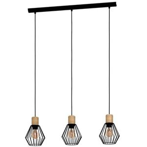 EGLO hanglamp Palmorla, 3-lichts pendellamp vintage, industrieel, retro, plafondlamp hangend van staal en hout in zwart, eettafellamp FSC gecertificeerd, E27 fitting
