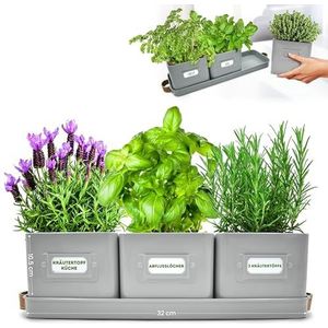 Green Thumbz Kruidenpotjes, Kruidenpotten met leren handgrepen - IIdeaal voor Bloempotten, Kruidentuin en Specerijen - Plantenpotten voor keuken vensterbank - dienblad inbegrepen (Charcoal Grey)
