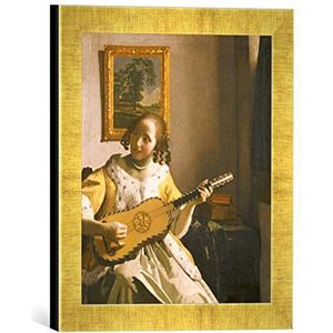 Ingelijste foto van Jan Vermeer van Delft ""Gitaarspelerin"", kunstdruk in hoogwaardige handgemaakte fotolijst, 30x30 cm, Gold Raya