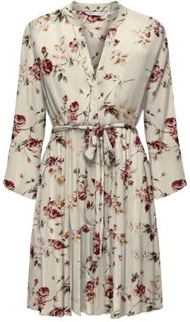 ONLY - ONLCLEMMENTINE - Jurk - Crème / Donkergroen / Donkerrood - Viscose, Trompetmouwen, Bloemenprint