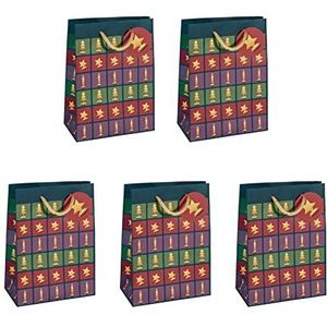 SIGEL GT047/5 middelgrote papieren geschenkzakjes, 5-delige set, 23 x 17 cm, groen, rood, paars, Kerstmis