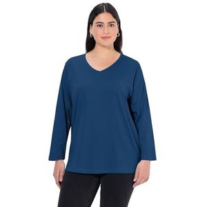 Ulla Popken T-shirt voor dames, grote maten, grote maten, plus size, V-hals, relaxed, lange mouwen, donkerblauw, 50-52