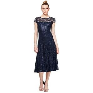 S.L. Fashions Women's Tea Length Cap Sleeve Lace A-Line Dress, Navy Sequin, 14