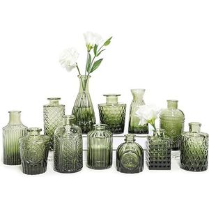 SUPMIND 12 stuks glazen bud vaasset, kleine groene bloemenvazen voor centerpieces in bulk, mini vintage vaas voor bruiloft, huis, tafeldecoratie