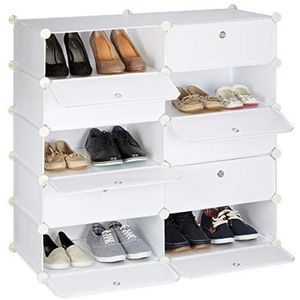 Relaxdays schoenenkast, 10 vakken, klikverbinding, met deuren, HBD ca. 90 x 94 x 37 cm, schoenenrek groot, wit