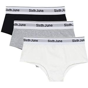 SIXTH JUNE - 3 stuks shorts voor dames - elastische band - nauwsluitende pasvorm - 95% katoen, 5% elastaan, zwart/grijs/wit, M