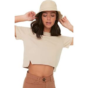 Trendyol Vrouwen Vrouw duurzamere normale standaard ronde hals geweven T-shirt, steen, L, Steen, L