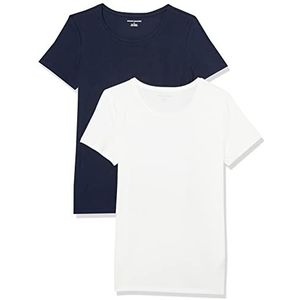 Amazon Essentials Women's T-shirt met korte mouwen en ronde hals in klassieke pasvorm, Pack of 2, Marineblauw/Wit, M