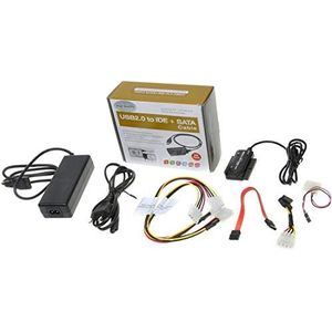 PremiumCord USB 2.0 naar IDE + SATA adapter met kabels en voeding, rode/groene LED, ondersteunt USB 2.0 High Speed, SATA, SATA II, IDE, IDE 44-Pin