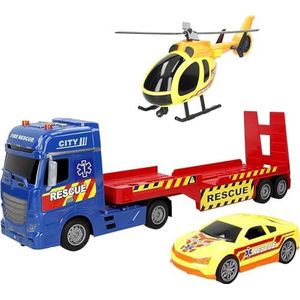 ColorBaby 39051 Speed & Go vrachtwagendrager, speelgoed, inclusief auto en helikopter, met lichten en geluiden, handmatige oprijplaat, wrijvingssysteem, schaal 1:12, auto's voor kinderen vanaf 3 jaar