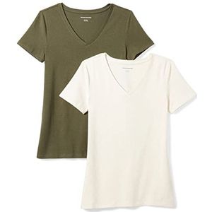 Amazon Essentials Women's T-shirt met korte mouwen en V-hals in klassieke pasvorm, Pack of 2, Havermout/Olijfgroen, XS