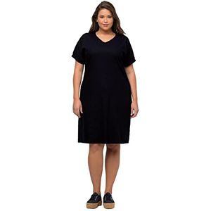 Ulla Popken Dames grote maten grote maten plus size jurk, linnen mix, oversized, V-hals, halve mouwen 818066, marineblauw, 50/52 NL