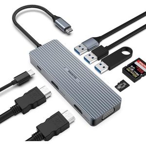 OBERSTER USB C-hub, USB C-adapter 9-in-1 drievoudige display met 2 x HDMI/VGA, sneldock Mac Pro/Air 5Gbps voor Lenovo en type C-apparaten (SD/TF+USB A 3.0/2.0+PD opladen)