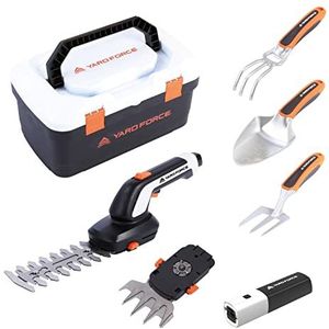 Yard Force HX V05S Vita Gereedschapskoffer met 4 V/4 Ah accu, gras- en struikschaar, handschep, handrubber, handgrafvork,Wit