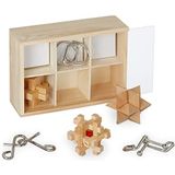 Relaxdays iq puzzels - denkspel puzzel - houten puzzelblok - metalen breinpuzzel - 3d