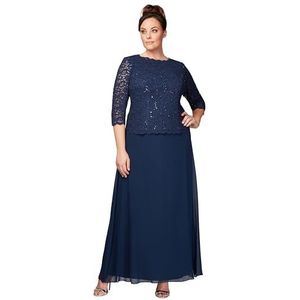 Alex Evenings Women's Plus Size Stretch Lace Bodice Mock One Piece Gown, Navy, 14W
