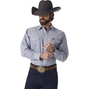 Wrangler Heren Cowboy Cut Western Two Pocket Long Sleeve Snap Work Shirt-Washed Finish, Chambray, 14.5-33