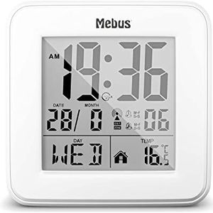 Mebus Digitale draadloze wekker met temperatuurweergave, verlichting, kalender, compact en stevig, kleur: zwart, model: 25594