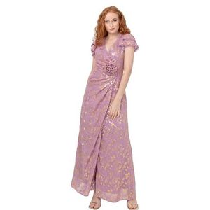 Maya Deluxe Maxi-jurk voor dames, wrap, V-hals, short, fluttermouwen, goudfolie, jacquard, lijfje, A-lijn, bal, roze, orchidee 44, Orchidee Roze, 42