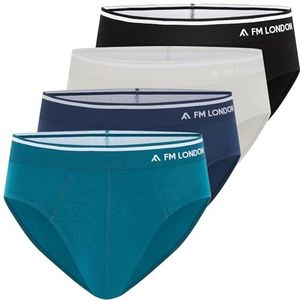 FM London Set van 4 bamboeslips voor heren, zacht en comfortabel ondergoed met tagless taille, stretch fit broek voor heren zonder opening aan de voorkant, Zwart, Blauw, Grijs, 4XL