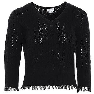 Caneva Dames Slouchy Openwork Fringed Knit V-hals Sweater Zwart Maat M/L, zwart, M
