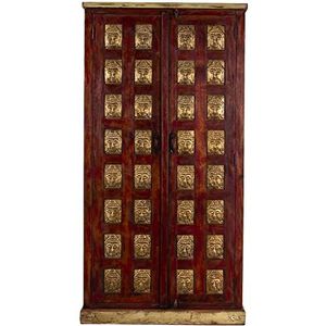 DRW Kast met 2 deuren van hout met gouden Boeddha's in rood en natuur, 100 x 45 x 195 cm