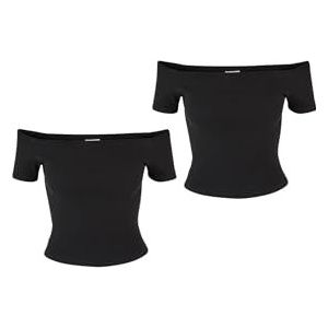 Urban Classics Dames T-Shirt Ladies Organic Off Shoulder Rib Tee 2-Pack Black+Black XL, zwart + zwart., XL