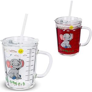 Relaxdays drinkglazen set van 2, olifanten design, kinderglazen, met handvat, rietje en deksel, 400 ml, transparant