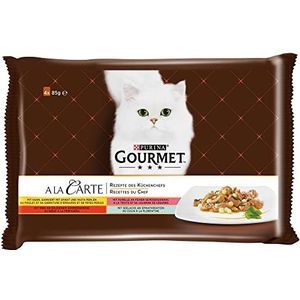 Gourmet A la Carte Kattenvoer, Natvoer met Kip, Rund, Forel en Koolvis in Saus - 4x85g - doos van 12 (48 maaltijdzakjes; 4,08kg)
