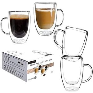 Set van 4 dubbelwandige glazen koffiekopjes met handgrepen, lichte geïsoleerde kopjes, hittebestendig, voor cappuccino, latte, thee, 450 ml