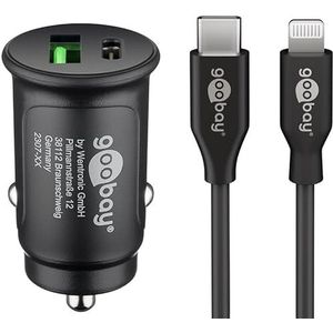 goobay 72166 Compacte autolader, 27 W, USB-C-verdeler, 12 V, compacte autolader, USB C Power Delivery, snel opladen, incl. Lightning-kabel