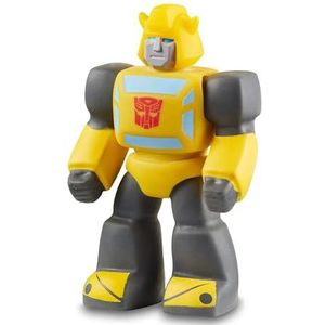 Stretch Mini Transformers Bumblebee, hommelfiguur uit de cartoonserie, met geel pak, rekt uit, buigt, gedraaid en keert terug naar zijn oorspronkelijke vorm