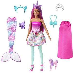 Barbie Pop, Zeemeerminspeelgoed, Barbie outfit en accessoires, fantasie verkleedset, eenhoornbaby en draakje als dierenvriendjes, HLC28