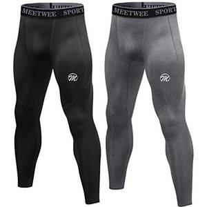 MEETWEE Compressiebroek voor heren, sportlegging, lange loopbroek, ademend, functionele onderbroek, tights, onderbroek, zwart+grijs, XL