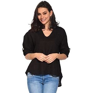 Tuniek Top voor dames, 100% linnen, Made in Italy, V-hals bovendeel met lange mouwen en zakken, zwart, maat: XL, Zwart, XL