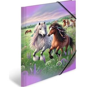 HERMA A3 Paardenwereld, hoekspanner-map van karton met kleuterschoolmotief, elastiek, binnenklep en binnenprint voor jongens, meisjes en kinderen