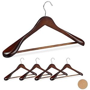 Relaxdays kledinghangers set - 5 stuks - voor pakken - brede schouder - kleerhangers hout - bruin