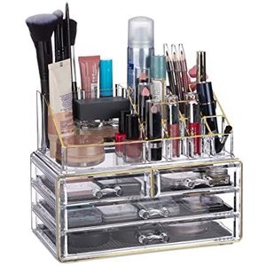Relaxdays Make-up organizer acryl, 2-delige make-up bewaardoos met lippenstifthouder en 4 laden, transparant/goud