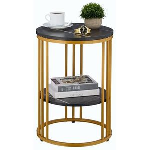 Relaxdays bijzettafel marmer look, met opbergruimte, woonkamer, metaal, mdf, salontafel rond, HxØ 56x40 cm, zwart-goud