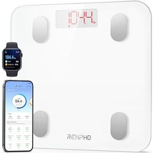 RENPHO Bluetooth-lichaamsvetschaal, Digitale Slimme Badkamerweegschaal voor Lichaamssamenstellinganalysator met Smartphone-app, 13 Lichaamssamenstellingsmetingen voor Fitness, Wit