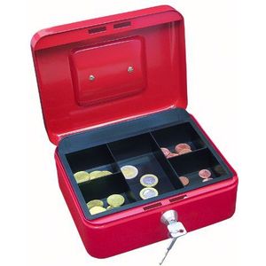 Wedo 145202X geldcassette (van gepoedercoat staal, intrekbare handgreep, 5-vaks munteninzet, veiligheidscilinderslot, 20 x 16 x 9 cm) rood