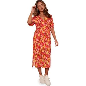 Chi Chi London Midi-jurk met korte mouwen en bloemenprint in oranje voor speciale gelegenheden, Oranje, 34