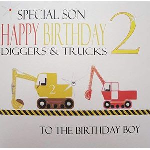 WHITE COTTON CARDS Grote graafmachine en vrachtwagen, Special Son Happy Birthday 2 graafmachines en vrachtwagens handgemaakt 2e verjaardag